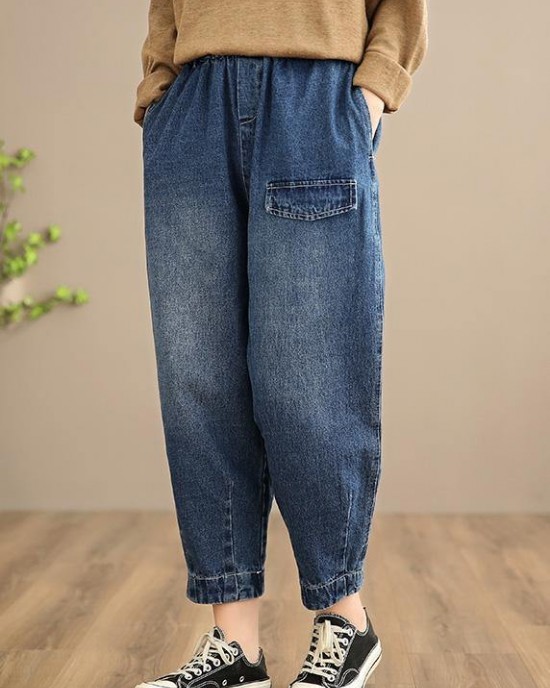 Handmade Spring Casual Pants Oversize Denim Blue Photography Elastic Waist Trousers Handmade Spring Casual Pants Oversize Denim Blue Photography Elastic Waist Trousers