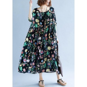 Women o neck Cinched cotton linen summer outfit Tutorials black print Dress