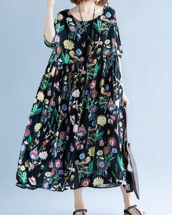 Women o neck Cinched cotton linen summer outfit Tutorials black print Dress Women o neck Cinched cotton linen summer outfit Tutorials black print Dress