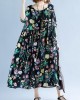 Women o neck Cinched cotton linen summer outfit Tutorials black print Dress Women o neck Cinched cotton linen summer outfit Tutorials black print Dress