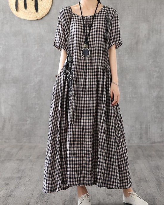 Vivid patchwork linen quilting dresses Runway black plaid Dresses summer Vivid patchwork linen quilting dresses Runway black plaid Dresses summer