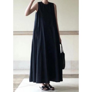 Handmade black linen dresses o neck sleeveless cotton robes summer Dresses