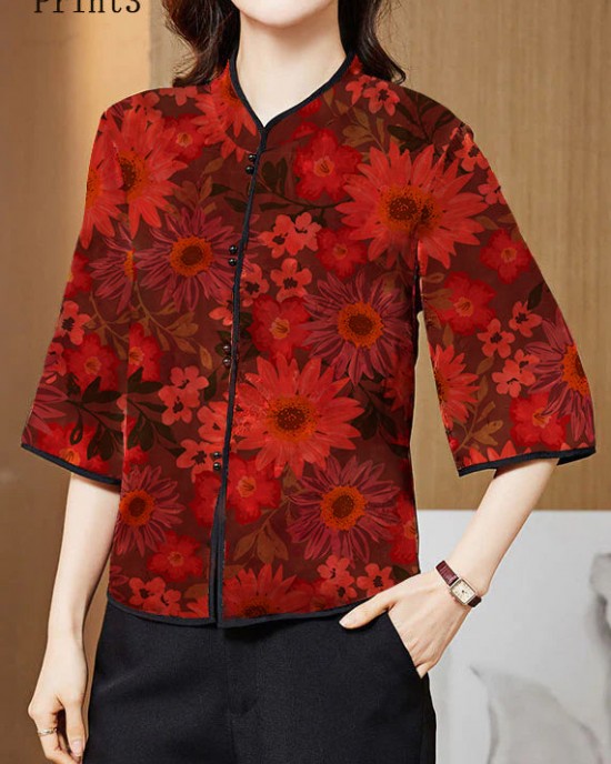 Vintage Red Mandarin Collar Print Silk Shirt Tops Half Sleeve Vintage Red Mandarin Collar Print Silk Shirt Tops Half Sleeve