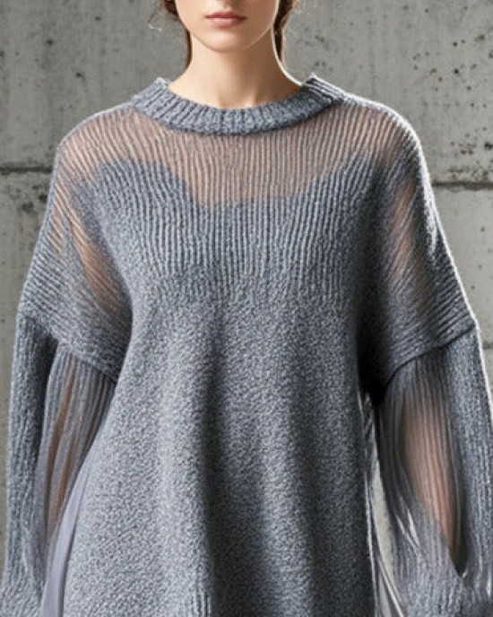 Boutique Grey Oversized Patchwork Tulle Knit Day Dress Fall Boutique Grey Oversized Patchwork Tulle Knit Day Dress Fall