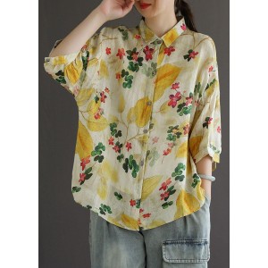 Elegant Print Peter Pan Collar Button Summer Linen Top Three Quarter Sleeve