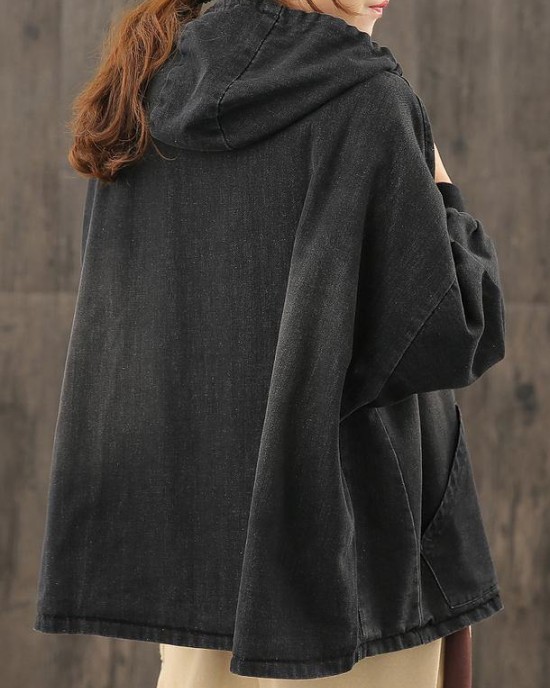 Chic denim black clothes hooded pockets baggy blouse Chic denim black clothes hooded pockets baggy blouse