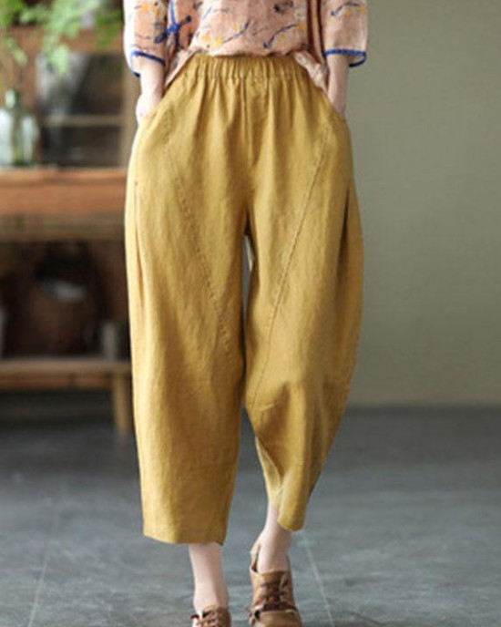 Natural Yellow Elastic Waist Summer Linen Harem Pants Natural Yellow Elastic Waist Summer Linen Harem Pants