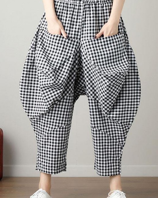 women black plaid casual cotton pants plus size big pockets crop pants women black plaid casual cotton pants plus size big pockets crop pants