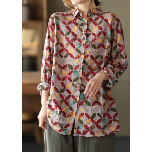 Unique Lapel Patchwork Spring Tunic Pattern Photography Red Print Blouse