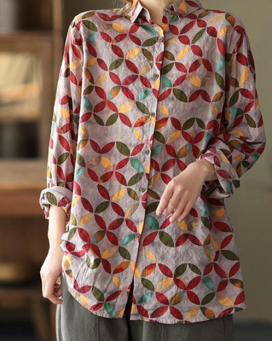 Unique Lapel Patchwork Spring Tunic Pattern Photography Red Print Blouse Unique Lapel Patchwork Spring Tunic Pattern Photography Red Print Blouse