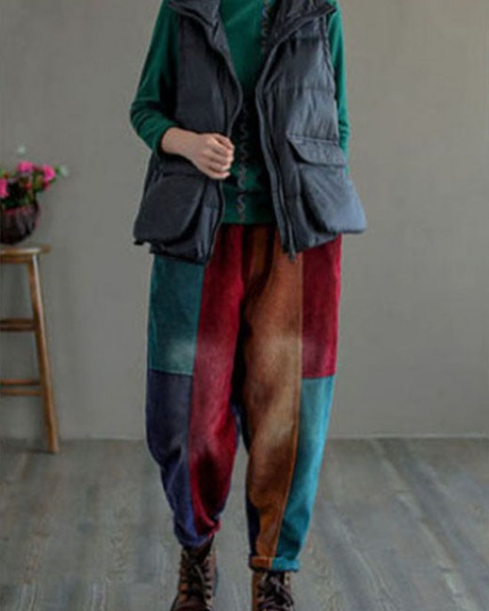 Women Colorblock Thick Corduroy Patchwork Fall Pants Women Colorblock Thick Corduroy Patchwork Fall Pants