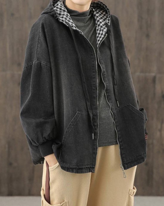 Chic denim black clothes hooded pockets baggy blouse Chic denim black clothes hooded pockets baggy blouse