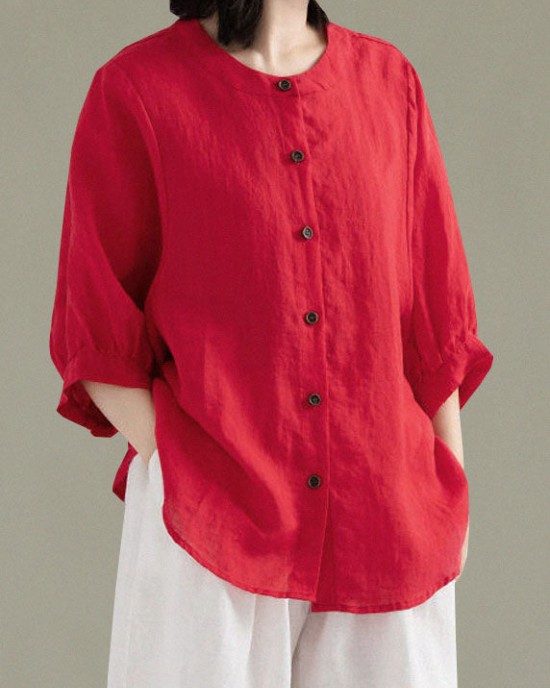 Art Red O-Neck Button Linen Loose Shirt Top Lantern Sleeve