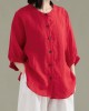 Art Red O-Neck Button Linen Loose Shirt Top Lantern Sleeve