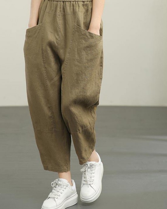 Women Chocolate Elastic Waist Linen Summer Pants Women Chocolate Elastic Waist Linen Summer Pants