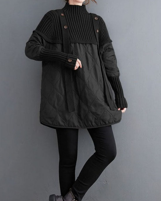 Women Black Knit Patchwork Fine Cotton Filled Sweaters Winter Women Black Knit Patchwork Fine Cotton Filled Sweaters Winter