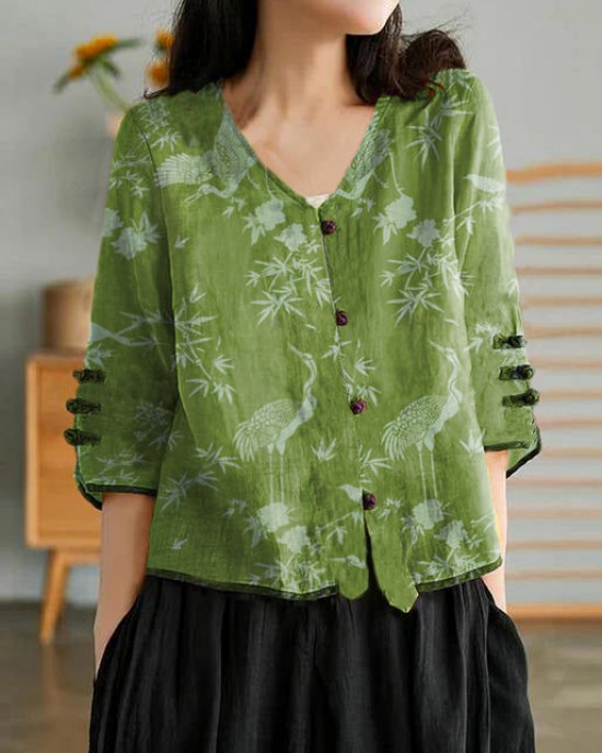 Women Yellow Casual Ramie Cardigan Embroidered Shirt Women Yellow Casual Ramie Cardigan Embroidered Shirt