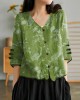 Women Yellow Casual Ramie Cardigan Embroidered Shirt Women Yellow Casual Ramie Cardigan Embroidered Shirt