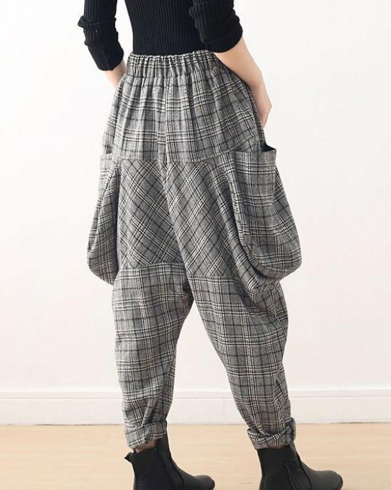 Original design retro gray thick loose large size warm knitted plaid Harlan bloomers Original design retro gray thick loose large size warm knitted plaid Harlan bloomers