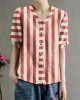Loose Pink V Neck Embroideried Floral Summer Linen Shirt Loose Pink V Neck Embroideried Floral Summer Linen Shirt