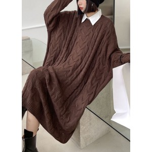 Classy Coffee O-Neck Jacquard Casual Fall Sweater Dress