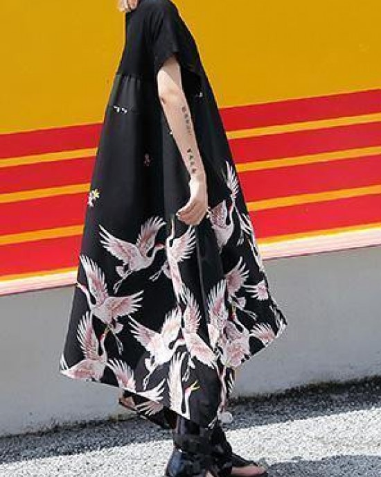Simple Black Crane Prints Cotton Plus Size Summer Dress Simple Black Crane Prints Cotton Plus Size Summer Dress