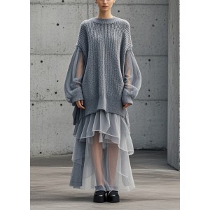 Bohemian Grey Oversized Patchwork Tulle Sweater Dress Fall