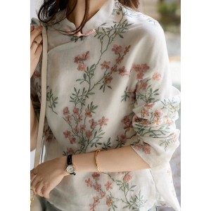 Unique Beige Print Linen Blouses Spring