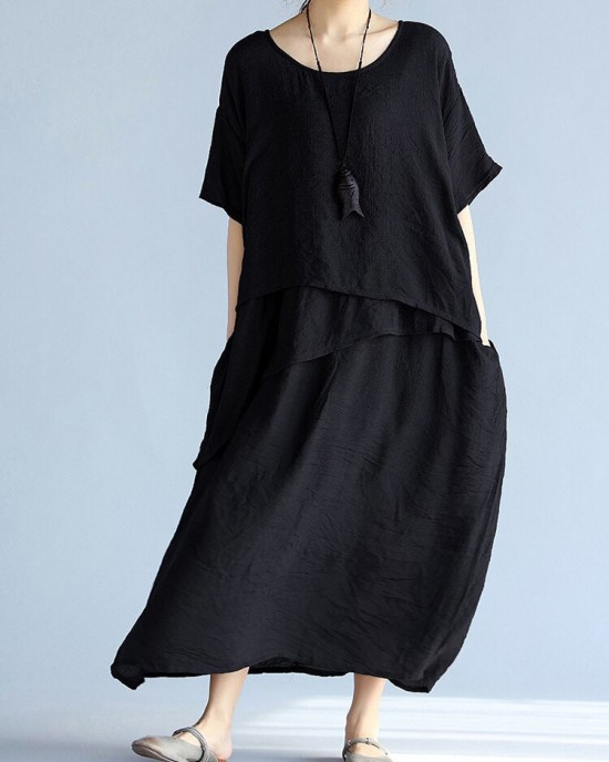 baggy gray long linen dresses oversized layered cotton maxi dress vintage short sleeve cotton clothing baggy gray long linen dresses oversized layered cotton maxi dress vintage short sleeve cotton clothing