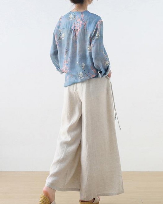 Handmade Beige Elastic Waist Wide Leg Linen Pants Handmade Beige Elastic Waist Wide Leg Linen Pants