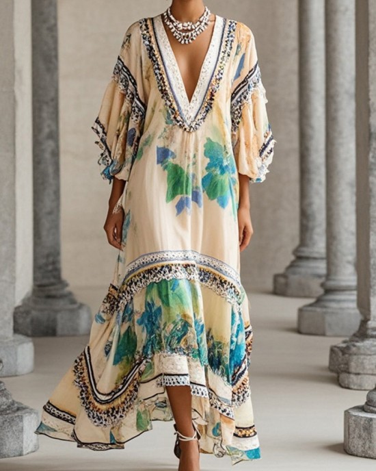 Beautiful Apricot V Neck Print Chiffon Holiday Dress Summer Beautiful Apricot V Neck Print Chiffon Holiday Dress Summer