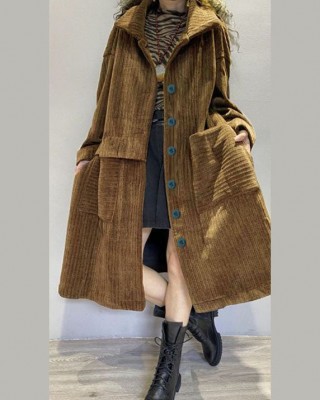 Chic Coffee Pockets Button Corduroy Loose Fall Long sleeve Coats