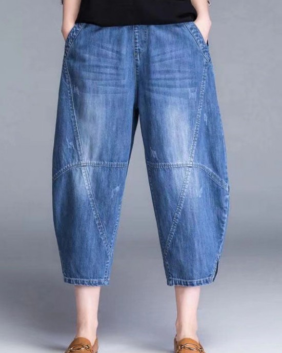 Plus Size Blue Pockets Patchwork lantern Fall Denim Pants Plus Size Blue Pockets Patchwork lantern Fall Denim Pants