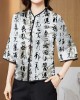 Vintage Red Mandarin Collar Print Silk Shirt Tops Half Sleeve Vintage Red Mandarin Collar Print Silk Shirt Tops Half Sleeve