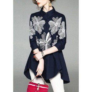 Handmade Blue Peter Pan Collar Embroidered Asymmetrical Design Cotton Long Shirt Half Sleeve
