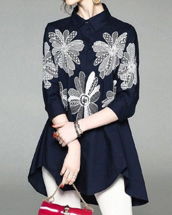 Handmade Blue Peter Pan Collar Embroidered Asymmetrical Design Cotton Long Shirt Half Sleeve Handmade Blue Peter Pan Collar Embroidered Asymmetrical Design Cotton Long Shirt Half Sleeve