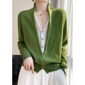 Women Green V Neck Button Patchwork Wool Knit Top Fall