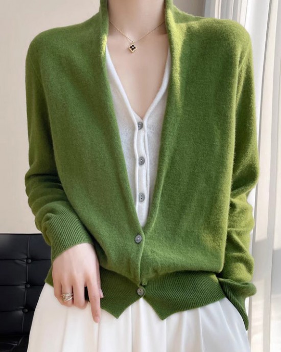 Women Green V Neck Button Patchwork Wool Knit Top Fall Women Green V Neck Button Patchwork Wool Knit Top Fall