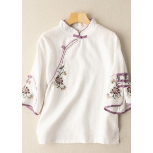 Casual White Embroideried Button Blouse Tops Half Sleeve