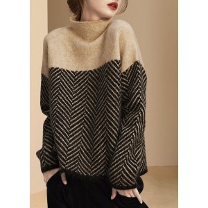 Fashion Khaki Turtle Neck Patchwork Knit Pullover Winter