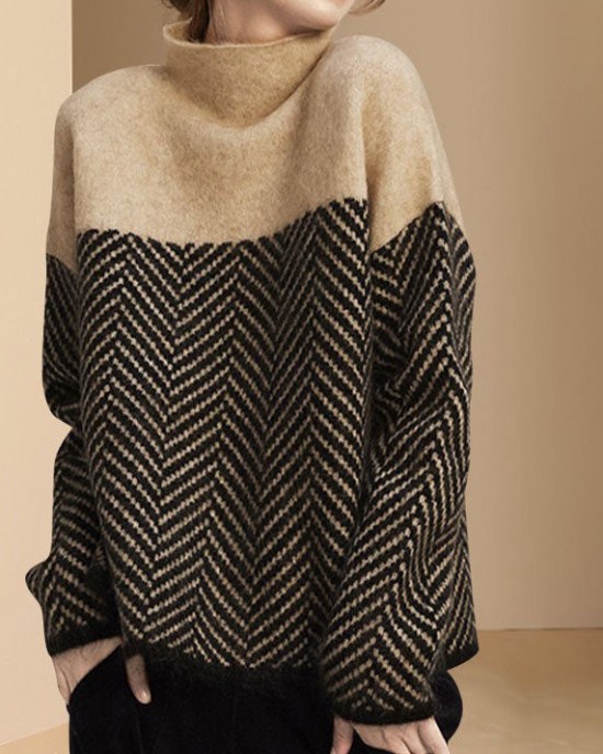 Fashion Khaki Turtle Neck Patchwork Knit Pullover Winter Fashion Khaki Turtle Neck Patchwork Knit Pullover Winter