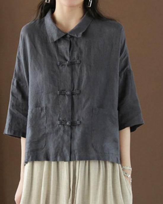 Beautiful Green Peter Pan Collar Pockets Summer Linen top Beautiful Green Peter Pan Collar Pockets Summer Linen top