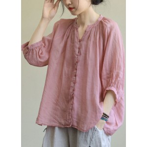 Italian Pink V Neck Button Loose Fall Half Sleeve Blouse Top