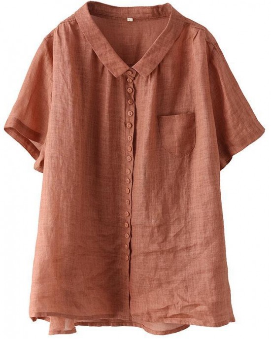 Plus Size Orange Peter Pan Collar Pockets Patchwork Ramie Cardigan Plus Size Orange Peter Pan Collar Pockets Patchwork Ramie Cardigan