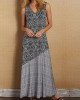 Women Khaki V Neck Patchwork Print Party Long Dress Sleeveless Women Khaki V Neck Patchwork Print Party Long Dress Sleeveless