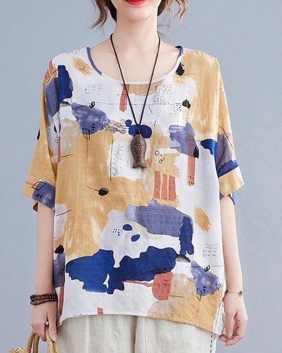 Simple Yellow Print Cotton Linen Shirt Top Summer Simple Yellow Print Cotton Linen Shirt Top Summer