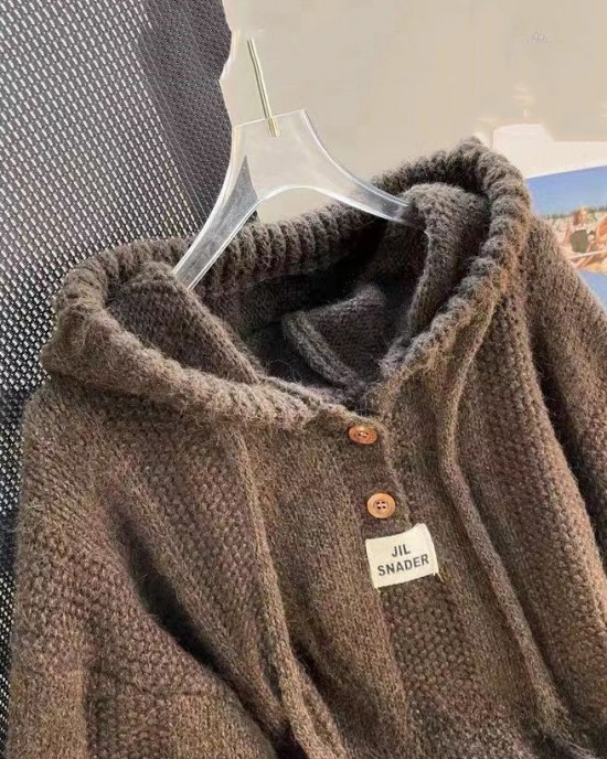 Coffee Button Lace Up Cotton Knit Tops Hooded Long Sleeve Coffee Button Lace Up Cotton Knit Tops Hooded Long Sleeve