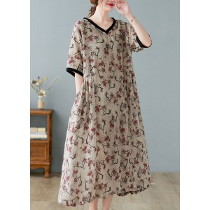 Boutique Khaki V Neck Print Linen Dresses Short Sleeve