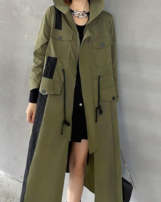 Chic Army Green Pockets Patchwork Button Zippered Fall Tie Waist Hooded Coat Long Sleeve Chic Army Green Pockets Patchwork Button Zippered Fall Tie Waist Hooded Coat Long Sleeve