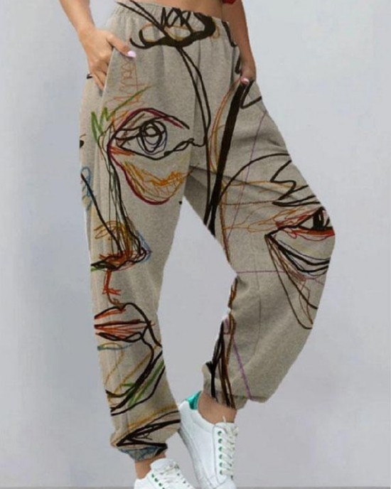 Vintage Abstract Portrait Graffiti Art Print Elastic Waist Jogging Pants Vintage Abstract Portrait Graffiti Art Print Elastic Waist Jogging Pants